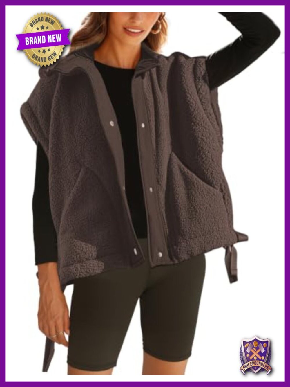 Sherpa Fleece Vest Fuzzy Oversized Sleeveless Button Front Women's
